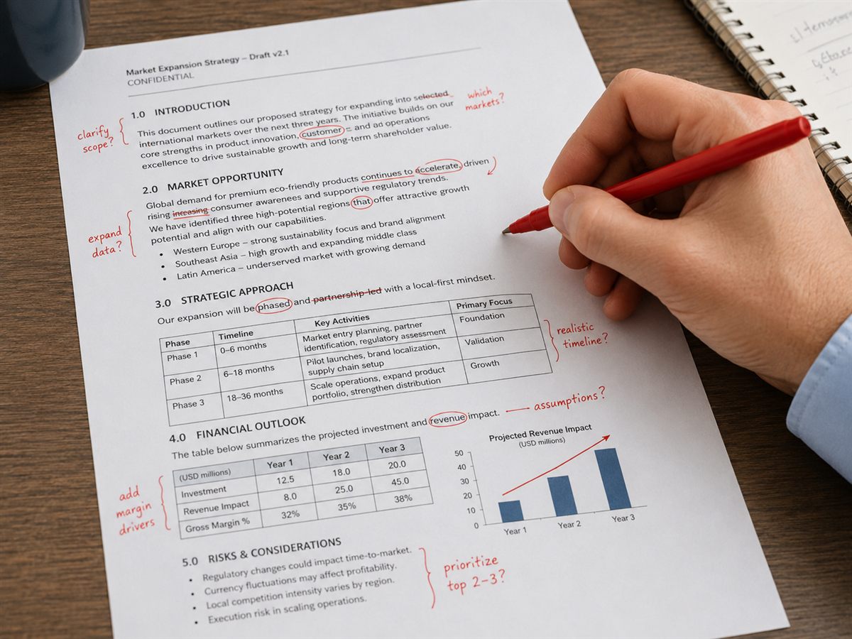Red-pen markup of a government strategy document