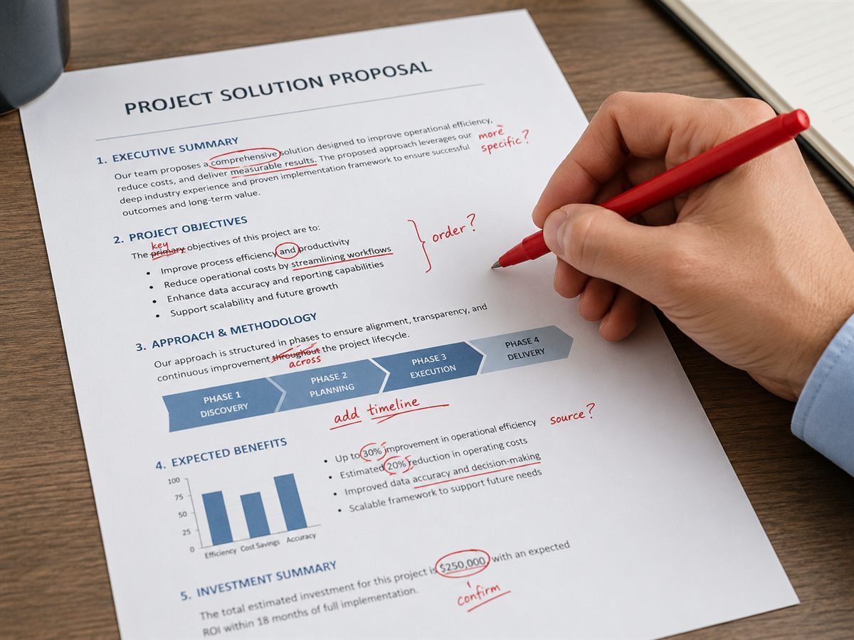 Red-pen markup of an industry project proposal